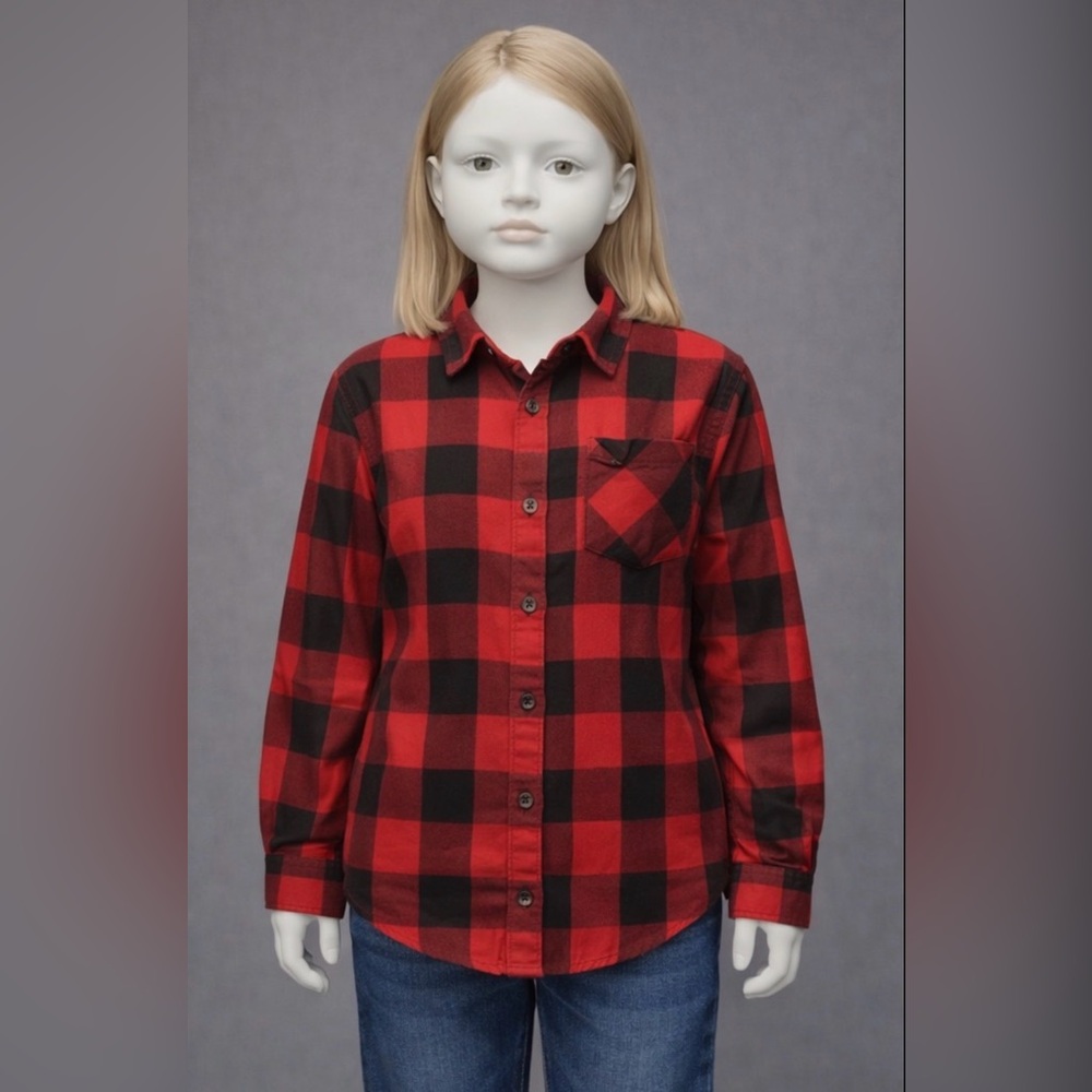 Girls Wonder Nation Red & Black Plaid Flannel Button Down Long Sleeve Shirt
